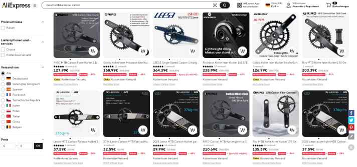 Das Angebot an glänzenden Carbon-Kurbeln ist auf AliExpress groß. Wer genau hinschaut, erkennt Produkt-Fälschungen von RaceFace, Sram und Co.