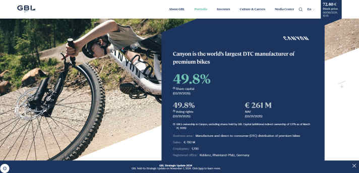 Canyon-Beteiligung der Groupe Bruxelles Lambert (GBL) und Bewertung am 06.06.2025 um 10:15 Uhr. Fünf Minuten später war der Kurs der Canyon-Aktie (im Bild oben rechts) um weitere 5 Cent gefallen.