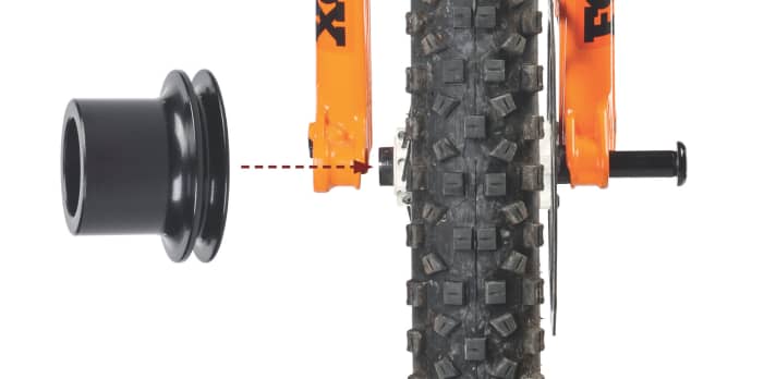   Combining old and new: An older wheelset can be converted to the Boost standard using an adapter.