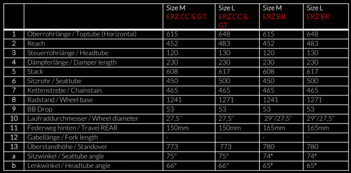   With a 29er front wheel, the geometry of the Erzberg BR is more downhill orientated than that of the more moderate CC and GT models. The two sizes M and L are available.