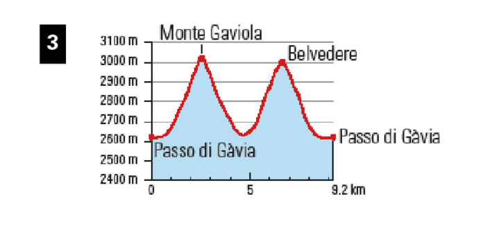 From the famous Gavia Pass, there are two more tough, high-alpine 400 metre climbs to the two 3000 metre peaks.