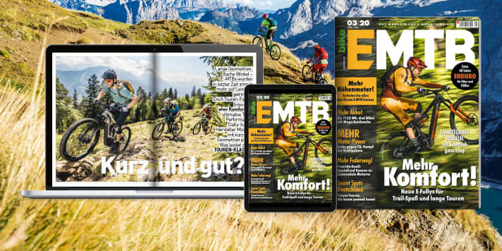   E-Mountainbiken entwickelt sich mit atemberaubender Geschwindigkeit. Und wir halten Schritt. Dieses Jahr kommen wir mit 6 Ausgaben!  <a href="https://www.delius-klasing.de/emtb" target="_blank" rel="noopener noreferrer">Bestellen Sie das aktuelle EMTB-Heft versandkostenfrei nach Hause</a>  oder lesen Sie die Digital-Ausgabe für nur 5,90 Euro in der EMTB App für <a href="https://apps.apple.com/de/app/emtb-das-magazin-f%C3%BCr-e-mountainbiker/id1079396102" target="_blank" rel="noopener noreferrer nofollow">iOS</a>  und <a href="https://play.google.com/store/apps/details?id=de.delius_klasing.emtb" target="_blank" rel="noopener noreferrer nofollow">Android</a> .