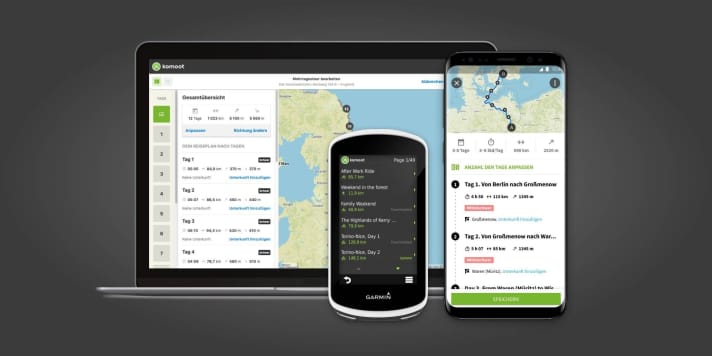 Previously, Komoot only allowed you to plan individual tours or stages. The multi-day planner now makes it easier to find the exact route for longer bike trips such as a mountain bike crossing of the Alps. | g.