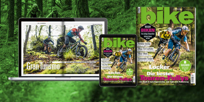   Du bist heiß auf Mountainbiken? Den Test der leichten Touren-Fullys und einen Ergonomie-Schwerpunkt gibt's in BIKE 7/20. Bestelle die aktuelle <a href="https://www.delius-klasing.de/bike" target="_blank" rel="noopener noreferrer">BIKE versandkostenfrei nach Hause</a> , oder lese die Digital-Ausgabe für 4,49 € in der BIKE App auf dem <a href="https://apps.apple.com/de/app/bike-das-mountainbike-magazin/id447024106" target="_blank" rel="noopener noreferrer nofollow">iOS-Gerät</a>  oder <a href="https://play.google.com/store/apps/details?id=com.pressmatrix.bikeapp" target="_blank" rel="noopener noreferrer nofollow">Android-Tablet</a> .