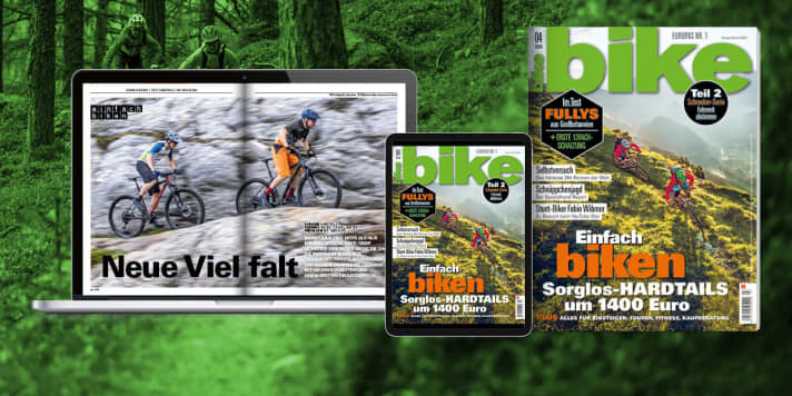 Are you keen on mountain biking? We have <a href="magazin_abo/heft_info.html?utm_source=Rand_Heft_Widget&utm_medium=Heft_Info_Button_click&utm_campaign=internal_references" rel="noopener noreferrer">all the information you need for the start of the season</a> bundled in BIKE 4/20! Order the latest <a href="https://www.delius-klasing.de/bike-04-2020-bik-2020-04" target="_blank" rel="noopener noreferrer">issue with free shipping to your home</a> , or read the digital edition here for € 4.49 in the BIKE app on the <a href="https://apps.apple.com/en/app/bike-das-mountainbike-magazin/id447024106" target="_blank" rel="noopener noreferrer nofollow">iOS device</a> or <a href="https://play.google.com/store/apps/details?id=com.pressmatrix.bikeapp" target="_blank" rel="noopener noreferrer nofollow">Android tablet</a> .