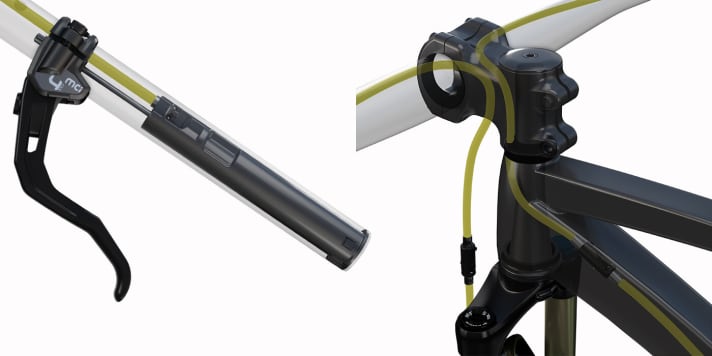   Starting from the cylinder, the cables run through the handlebars and stem. The front brake cable runs through a hole under the stem, while the rear brake cable runs directly into the frame.