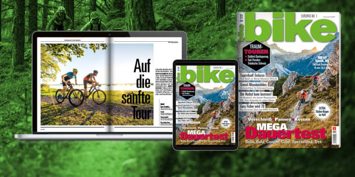 Get BIKE 11/2020 with our special "Gravel mountain biking". Order the latest <a href="https://shop.delius-klasing.de/zeitschriften/radsport/bike/einzelheft/" target="_blank" rel="noopener noreferrer">BIKE for free delivery to your home</a>, or select the digital edition in the BIKE app for your <a href="https://apps.apple.com/at/app/dk-magazin-kiosk/id1588235359" target="_blank" rel="noopener noreferrer nofollow">Apple-iOS-</a> or <a href="https://play.google.com/store/apps/details?id=delius.klasing.android" target="_blank" rel="noopener noreferrer nofollow">Android device</a>. You can read <a href="https://shop.delius-klasing.de/zeitschriften/radsport/bike/?selected_product=KP0005831p" target="_blank" rel="noopener noreferrer">BIKE with a subscription</a> particularly cheaply and conveniently.