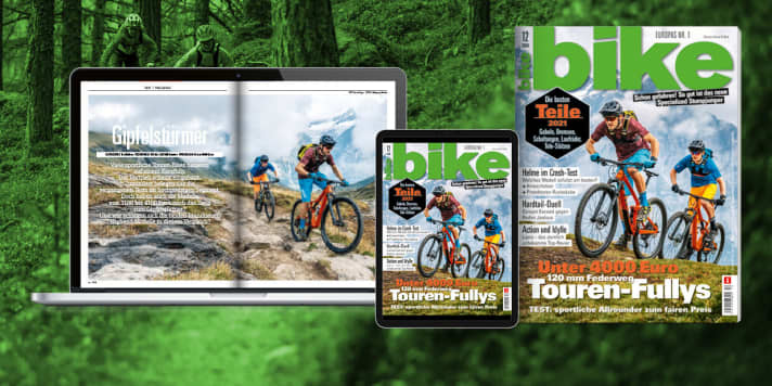 Get BIKE 12/2020 with our focus on "Safe biking". Order the current <a href="https://www.delius-klasing.de/bike" target="_blank" rel="noopener noreferrer">BIKE free shipping to your home</a> , or choose the digital edition in the BIKE app for your <a href="https://apps.apple.com/en/app/bike-das-mountainbike-magazin/id447024106" target="_blank" rel="noopener noreferrer nofollow">Apple-iOS-</a> or <a href="https://play.google.com/store/apps/details?id=com.pressmatrix.bikeapp" target="_blank" rel="noopener noreferrer nofollow">Android device</a> . You can read <a href="https://www.delius-klasing.de/bike-lesen-wie-ich-will?utm_campaign=abo_2020_6_bik_lesen-wie-ich-will&utm_medium=display&utm_source=BIKEWebsite" target="_blank" rel="noopener noreferrer">BIKE by subscription</a> at a particularly favourable price and conveniently.