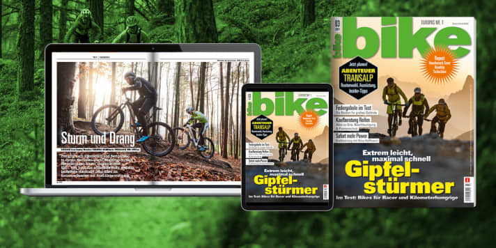 <a href="https://www.delius-klasing.de/bike-03-2021-bik-2021-03" target="_blank" rel="noopener noreferrer">BIKE 3/2021</a> - available from 2 February. Order the current <a href="https://www.delius-klasing.de/bike" target="_blank" rel="noopener noreferrer">BIKE free of charge to your home</a> or read the digital edition in the BIKE app for <a href="https://itunes.apple.com/en/app/bike-das-mountainbike-magazin/id447024106?mt=8" target="_blank" rel="noopener noreferrer nofollow">iOS</a> or <a href="https://play.google.com/store/apps/details?id=com.pressmatrix.bikeapp" target="_blank" rel="noopener noreferrer nofollow">Android</a> . You can read <a href="http://www.delius-klasing.de/bike-lesen-wie-ich-will?utm_campaign=abo_2020_6_bik_lesen-wie-ich-will&utm_medium=display&utm_source=BIKEWebsite" target="_blank" rel="noopener noreferrer">BIKE with a subscription</a> particularly cheaply and conveniently.