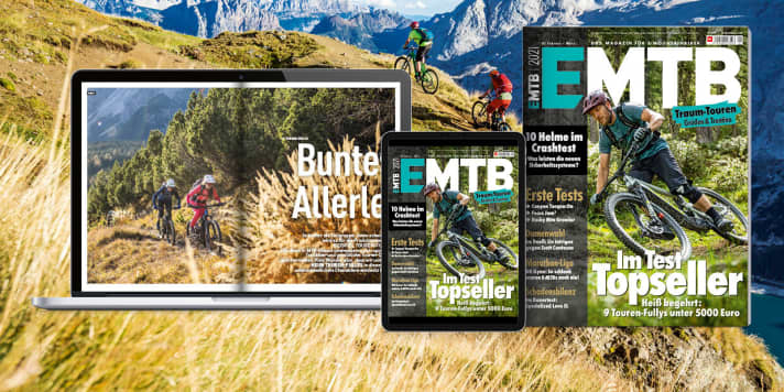   Read more about the most exciting e-mountainbikes for 2021 in EMTB 1/21 - in stores from 16 February. You can get the new EMTB conveniently in the <a href="https://www.delius-klasing.de/abo-shop/?zeitschrift=233&utm_source=emb_web&utm_medium=red_heftinfo&utm_campaign=abo_emb" target="_blank" rel="noopener noreferrer">subscription</a>, in our <a href="https://www.delius-klasing.de/emtb" target="_blank" rel="noopener noreferrer">online shop</a> and as an app edition for <a href="https://apps.apple.com/de/app/emtb-magazin/id1079396102" target="_blank" rel="noopener noreferrer nofollow">Apple</a> and <a href="https://play.google.com/store/apps/details?id=de.delius_klasing.emtb" target="_blank" rel="noopener noreferrer nofollow">Android</a> .