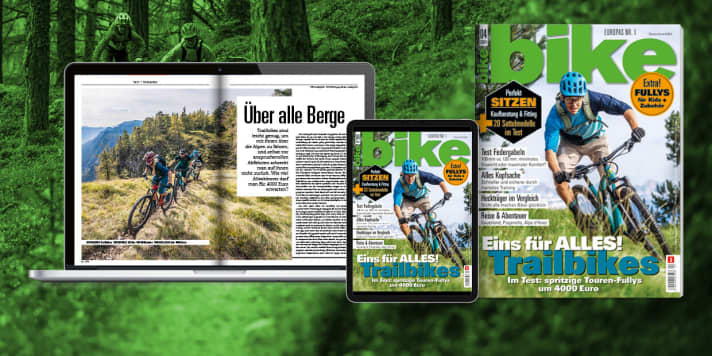 BIKE 4/2021 is now in stores - this time with two main topics: "Kids & Bikes" and "Ergonomics". Order the printed <a href="https://www.delius-klasing.de/bike" target="_blank" rel="noopener noreferrer">issue for free delivery to your home</a> or read the digital edition in the BIKE app for <a href="https://itunes.apple.com/en/app/bike-das-mountainbike-magazin/id447024106?mt=8" target="_blank" rel="noopener noreferrer nofollow">iOS</a> or <a href="https://play.google.com/store/apps/details?id=com.pressmatrix.bikeapp" target="_blank" rel="noopener noreferrer nofollow">Android</a> . Experience the <a href="http://www.delius-klasing.de/bike-lesen-wie-ich-will?utm_campaign=abo_2020_6_bik_lesen-wie-ich-will&utm_medium=display&utm_source=BIKEWebsite" target="_blank" rel="noopener noreferrer">BIKE subscription</a> at a particularly favourable and convenient price.