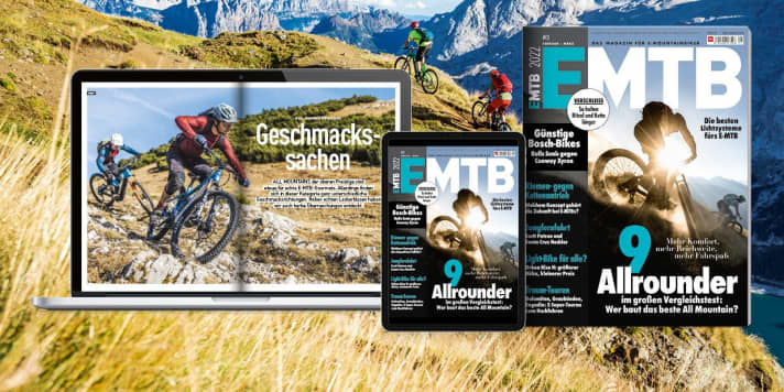 EMTB 01/2022 - from the 15th at newsagents, in the<a href="https://www.bike-magazin.de/emtb/e_mtb_news_neuheiten/emtb-magazin-in-der-app-lesen-oder-online-kaufen" target="_blank" rel="noopener noreferrer nofollow"> app</a> or in the <a href="https://www.delius-klasing.de/emtb-digital" target="_blank" rel="noopener noreferrer nofollow">EMTB online shop</a> . Don't miss a single issue and get all six issues in the subscription offer - <a href="https://www.delius-klasing.de/abo-shop/?zeitschrift=233&utm_source=emb_web&utm_medium=red_heftinfo&utm_campaign=abo_emb" target="_blank" rel="noopener noreferrer nofollow">click here and order your EMTB subscription</a> now