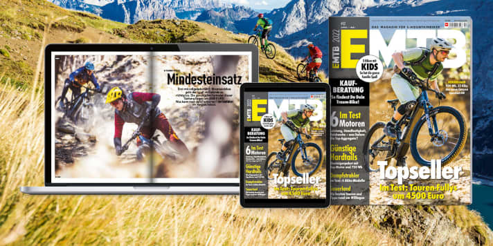  Get the entire issue! EMTB 02/2022 - The magazine for e-mountain bikers is now in stores. You can get EMTB conveniently in the <a href="https://www.delius-klasing.de/abo-shop/?zeitschrift=233&utm_source=emb_web&utm_medium=red_heftinfo&utm_campaign=abo_emb" target="_blank" rel="noopener noreferrer">subscription</a>, in our <a href="https://www.delius-klasing.de/emtb" target="_blank" rel="noopener noreferrer">online shop</a> and as an app edition for <a href="https://apps.apple.com/de/app/emtb-magazin/id1079396102" target="_blank" rel="noopener noreferrer nofollow">Apple</a> and <a href="https://play.google.com/store/apps/details?id=de.delius_klasing.emtb" target="_blank" rel="noopener noreferrer nofollow">Android</a> .