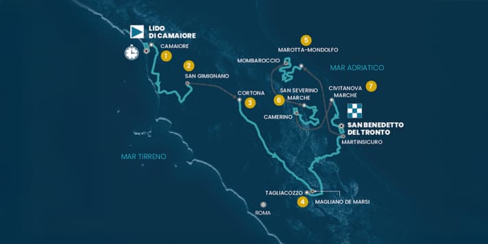 The overview map of Tirreno-Adriatico 2026