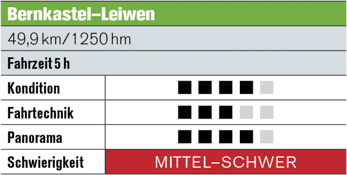   Rolling in along the river, the path then climbs back up the high bank to take a path through the Hunsrück. After a tough climb to the Haardtkopf, the path is flanked by strange rock formations and isolated villages. The final ascent to the Zummeterhof awaits, then you roll back down to Leiwen on the Moselle.