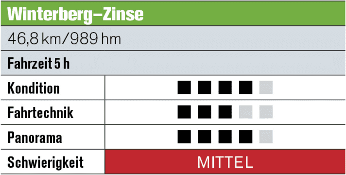   Tour 2: Winterberg – Zinse   Das 840 Meter hohe Gipfel-Plateau des Kahlen Asten liegt zwar nur 170 Meter höher als Winterberg, aber bis dahin kommt das Doppelte an Höhenmetern zusammen. Highlights: ein Waldskulpturenweg, eine Hängebrücke und 360 Grad-Panorama im Rhein-Weser-Turm. Spielerische Trails versüßen die Strecke unterwegs immer wieder!