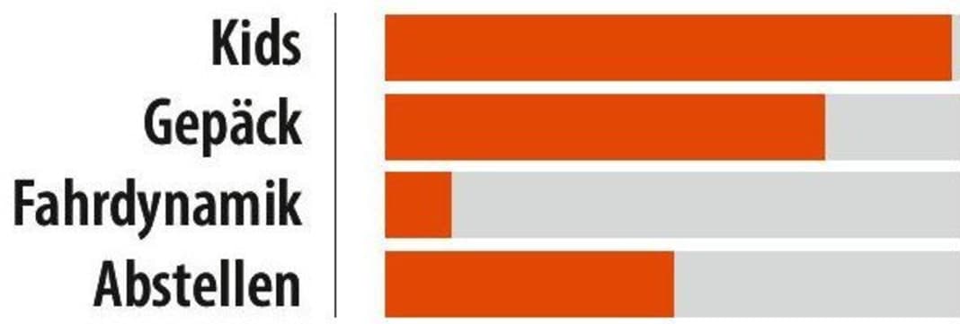 High suitability for transporting luggage and kids, low driving dynamics. When parking, the heavy bikes need some space and a level surface.