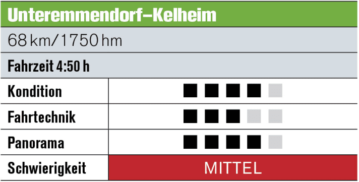   Tour 3: Unteremmendorf – Kehlheim   Das Höhenprofil bleibt knackig, nur die Passagen entlang des Altmühlradweges sorgen für Entspannung. Doch die nächste Steilrampe folgt bestimmt. Besonders weh tut es zum Teufelsfelsen hinauf. Oben genießt man aber eine grandiose Aussicht und einen noch perfekteren Trail. Weitere Höhepunkte: die Klamm bei Riedenburg und der Donau-Durchbruch!