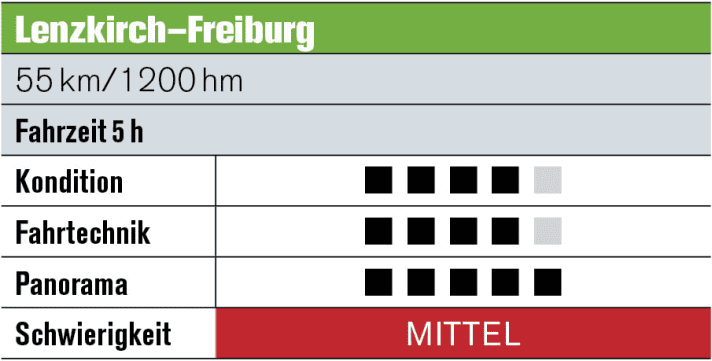   Tour 5: Lenzkirch - Freiburg To the highest peaks: first to the Feldberg (1492 m) with a stop at a mountain hut, then to the Schauinsland, Freiburg's local mountain. Then it's 900 metres down to the finish on a dream trail.