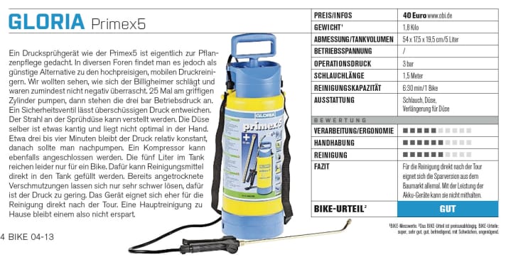   Die Alternative aus dem Baumarkt: Die Handpumpe Gloria Primex5 von Obi kann im BIKE-Test mit den anderen beiden Kandidaten nicht ganz mithalten.