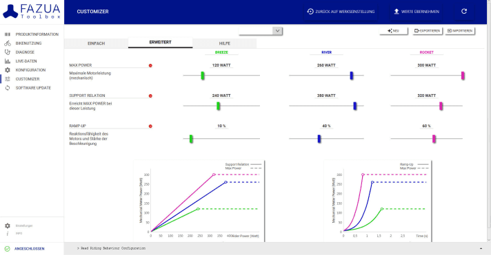   A look at the advanced mode of the configurator. The maximum power can be finely adjusted under "max Power" and the threshold power under "Support Relation". "Ramp up" regulates the speed at which the motor power is applied. Alternatively, there is also a more user-friendly 3-way version.