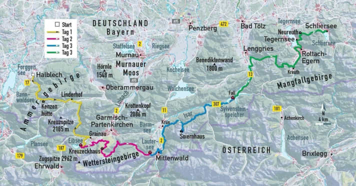   Die Übersichtskarte zu den vier Etappen vom Forggensee zum Schliersee.