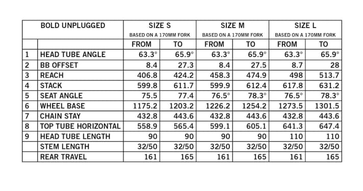   The geometry data of the Bold Unplugged at a glance. The values refer to the Geo with a 170 mm fork.