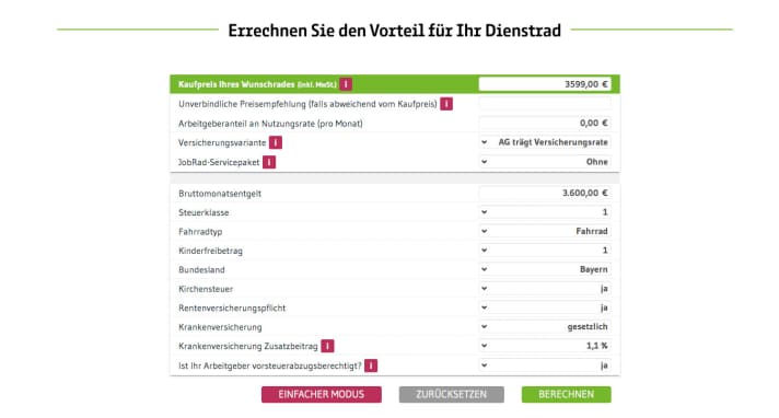 Über Online-Tools der Anbieter (wie hier der Leasing-Rechner von Jobrad) kann man selbst ermitteln, wie viel das Dienst-Bike kostet und wie viel man im Vergleich zum Direktkauf spart.