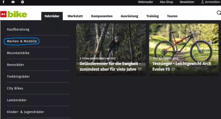 By clicking on "Brands & models" under the main category "Bicycles", you will be forwarded to the "Brand overview".