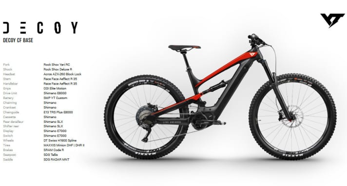   The entry-level YT Decoy CF Base, priced at 4599 euros, relies on an aluminium rear triangle in combination with a carbon main frame.