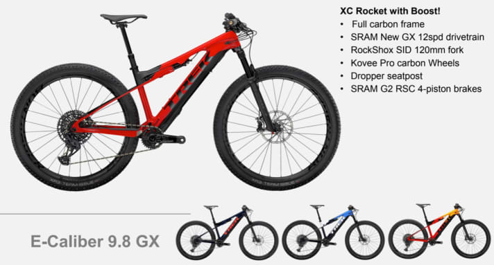   Trek E-Caliber 9.8 GX. Price: 8399 euros. Weight: 16.99 kilos (manufacturer's specification in size M)