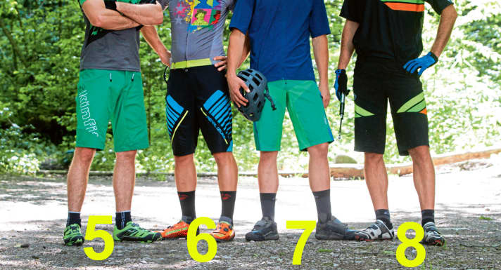   f.l.t.r.: 5. SKINFIT Pfafflar Freestyle Shorts | 6. PEARL IZUMI Divide Short | 7. CRAFT X-Over Shorts | 8. BIORACER Enduro Short