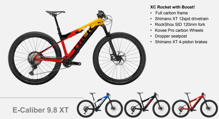   Trek E-Caliber 9.8 XT. Price: 8399 euros. Weight: 16.94 kilos (manufacturer's specification in size M)