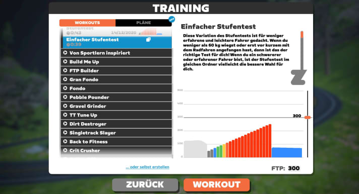 Der kürzere der beiden Stufentests bei Zwift