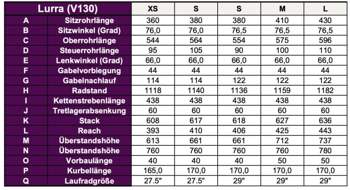 Geometry table of the Liv Lurra