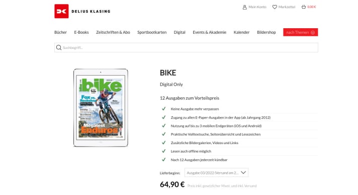   With the <a href="https://www.delius-klasing.de/SubscriptionShop/detail/abo/2570" target="_blank" rel="noopener noreferrer">digital annual subscription</a>, you are sure not to miss an issue and save 13 euros a year compared to individual purchases at the newsstand. <a href="https://www.delius-klasing.de/bike-digital" target="_blank" rel="noopener noreferrer">You can find an overview of all BIKE subscription options here</a>.