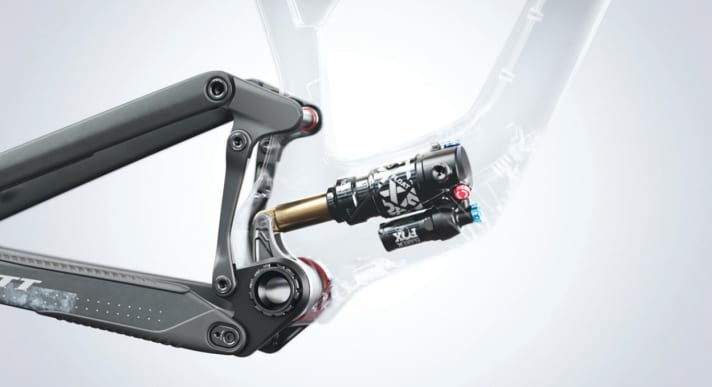 With the new six-bar kinematics, the rear frame triangle is connected to the main frame via two linked rockers. This design turns the Ransom into an enduro bike with a virtual pivot point. This changes its position as the suspension compresses, and the engineers can optimise the wheel lift curve as well as the anti-squat and anti-rise values for individual suspension travel ranges.