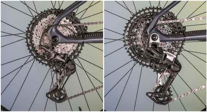 Durch die direkte Anbindung an den Rahmen wirkt die Eagle 90 Transmission extrem robust. Die XT dagegen baut deutlich filigraner