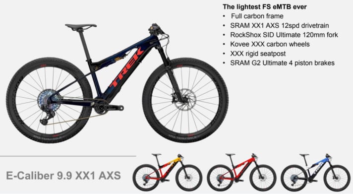   Trek E-Caliber 9.9 XX1 AXS. Weight: 12999 euros. Weight: 15.77 kilos (manufacturer's specification in size M)