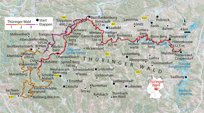   The three stages of the MTB tour through the Thuringian Forest in the overview map.