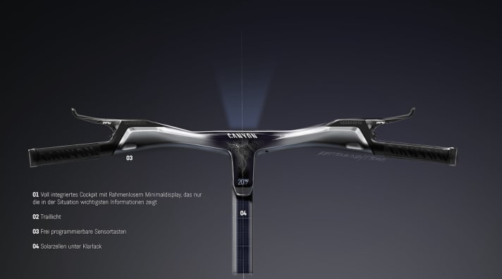   The display is integrated into the cockpit and only shows the most necessary information. The power is supplied by solar cells in the top tube.