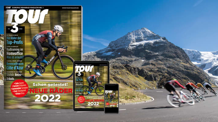Welcher Tour-de-France-Favorit fährt 2022 das beste Material? In TOUR 3/22 haben wir die Profi-Räder der Stars – von Pinarello über Colnago und Cervélo bis Canyon – miteinander verglichen. TOUR 3/2022 gibt’s ab 16. Februar im Handel, in der App und als Digitalausgabe.