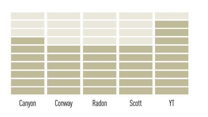 The volume of the five test candidates in comparison. All bikes are clearly audible, the YT howls the loudest on the climbs. 