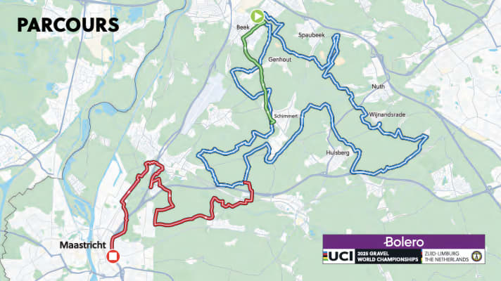 An overview of the World Championship route: The green section is completed directly after the start, then the riders take on the circuit (blue), which is ridden differently in the individual classes, and from there onto the final section (red) to the finish in Maastricht.