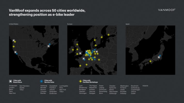 Information from Vanmoof about their locations worldwide.