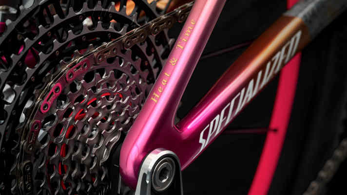 The gold stands for the 50 years of existence, pink for the first Stumpjumper Racing Team.