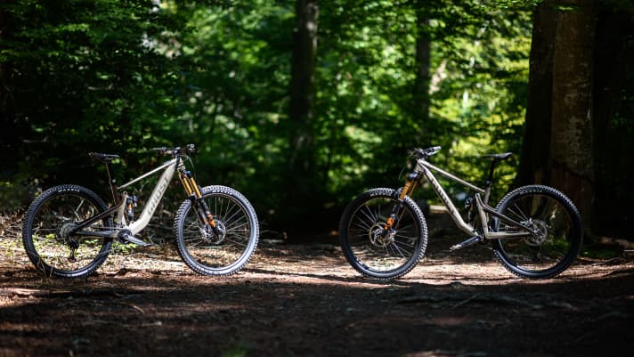 Die Zwillinge: Riot CF (rechts) und Path Riot gleichen sich selbst bei der Geometrie bis ins kleinste Detail. Nur beherbergt das Unterrohr des Path Riot das Fazua Ride 60 Antriebssystem.