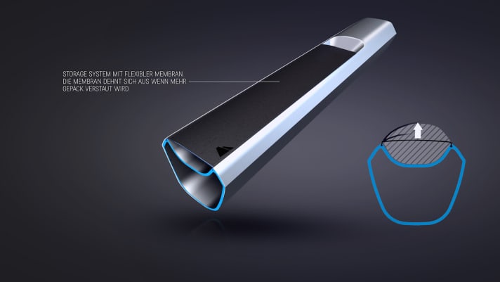   The indented down tube is covered by a flexible membrane and offers storage space for a jacket, tools or bars.