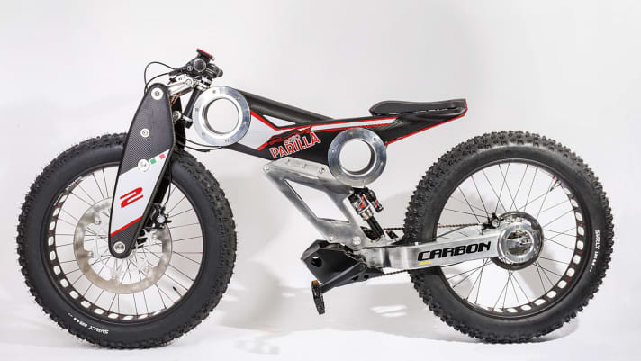   Half bicycle, half motorbike: The current Moto Parilla looks very similar to the Future study from BIKE 9/1993 (above).