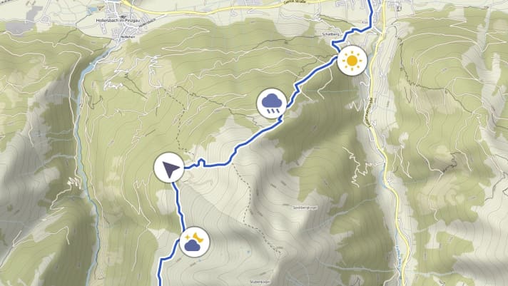 The weather forecast provides information at the planning stage about where to expect headwinds or rain on the tour and when it will get dark. | d.